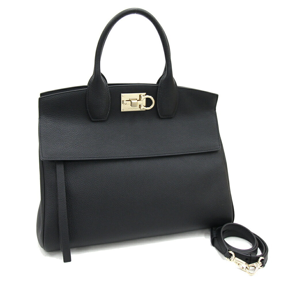 Salvatore Ferragamo Gancini Studio Bag Black Leather Handbag